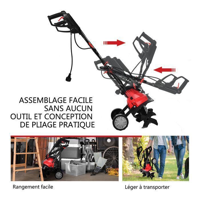 Motobineuse Motoculteur 1200W COSTWAY-Largeur de Travail 35cm-Profondeur 22cm-2 Roues Réglables-Bouclier-4 Fraises-Poignée Pliable