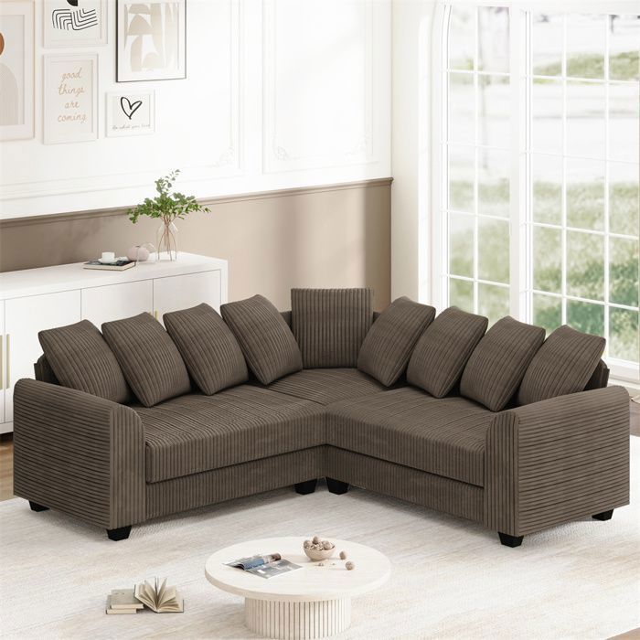 DRIPEX Grand canapé d'angle 6 places en velours côtelé,Canapé modulable en forme de L avec 9 oreillers pour le salon,bureau,Marron