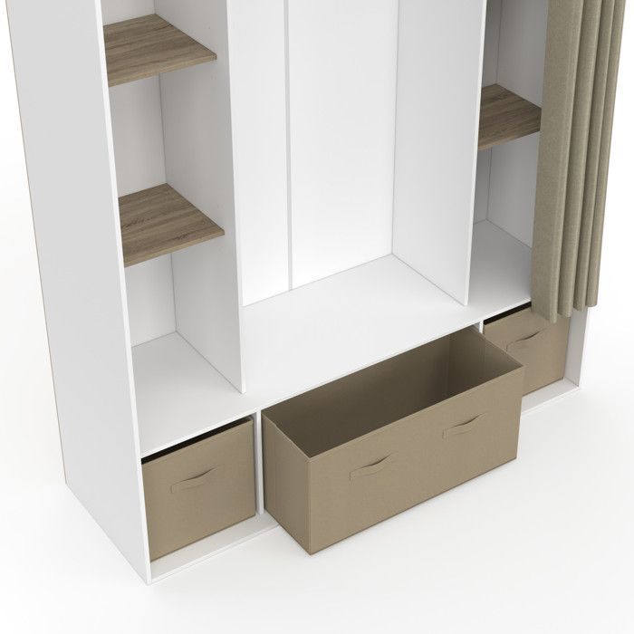 IDMARKET Dressing double penderie DIANE 140 x 45 x 167 cm blanc avec étagères + boites de rangement + rideau taupe