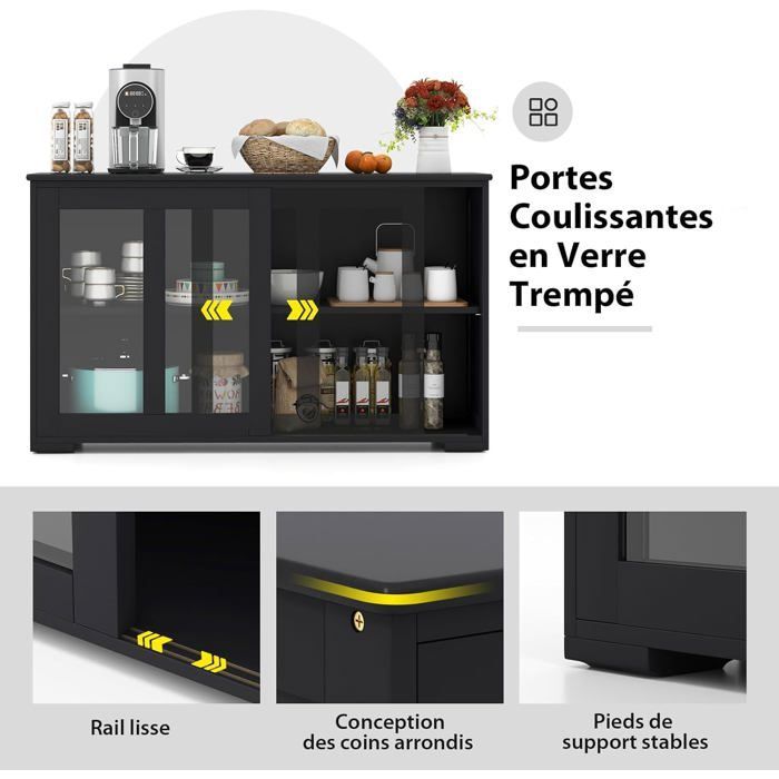 COSTWAY Kitchen Buffet Cabinet, Kitchen Storage Unit, 106.5 cm Wide – Black MDF, 2 Shelves with 2 Sliding Glass Doors