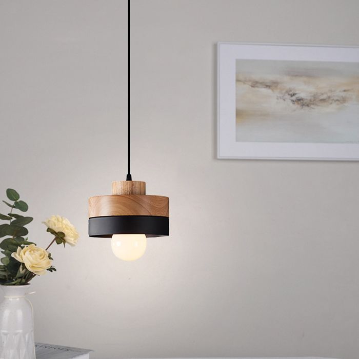 SNOGOLD Moderne ronde hanglamp met houten en zwarte metalen kap, E27 plafondlamp voor de woonkamer