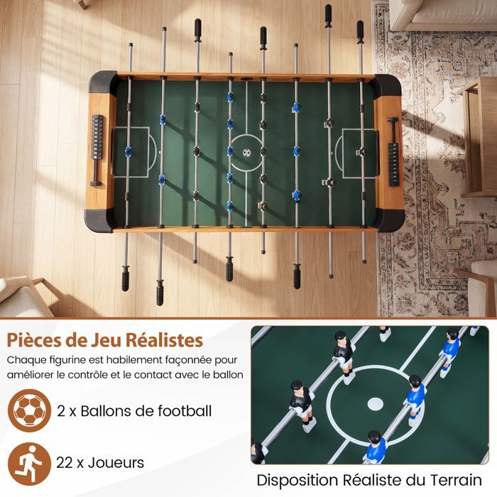 COSTWAY Tafelvoetbaltafel 119x108x79 cm - 22 spelers, 2 ballen, schuifbare scoretellers, antislip handgrepen, metalen stangen - Bruin