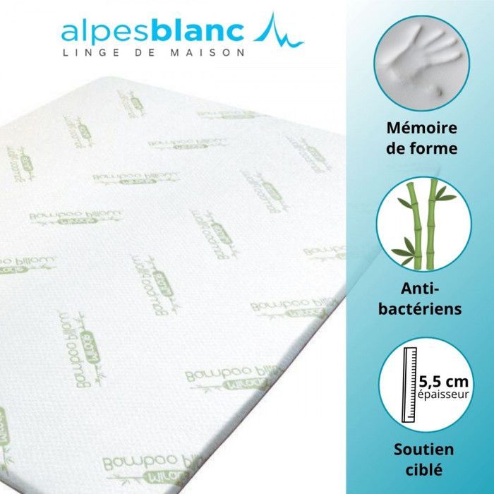 ALPES BLANC - Cubrecolchón de espuma viscoelástica 90x190 cm – Fibras viscoelásticas y de bambú – Confort ergonómico – Funda extraíble y lavable