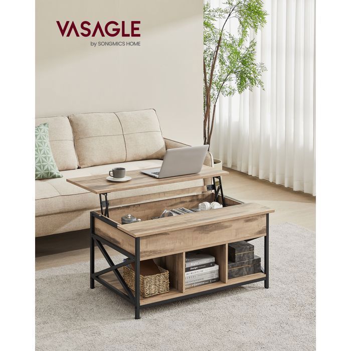 Table Basse Relevable, Rangement Ouvert et Compartiment Caché, Barres en Forme de X, 60 x 100 x (48-62) cm, Marron chêne et Noir