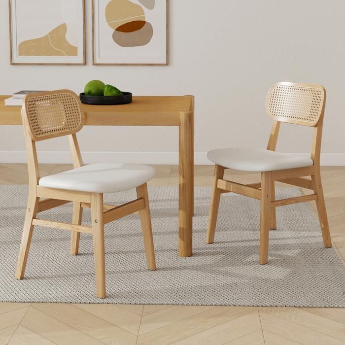 Wahson Eetkamerstoelenset van 2, retro houten en rotan eetkamerstoelen, keukenstoel voor de woonkamer, PU-leer, wit