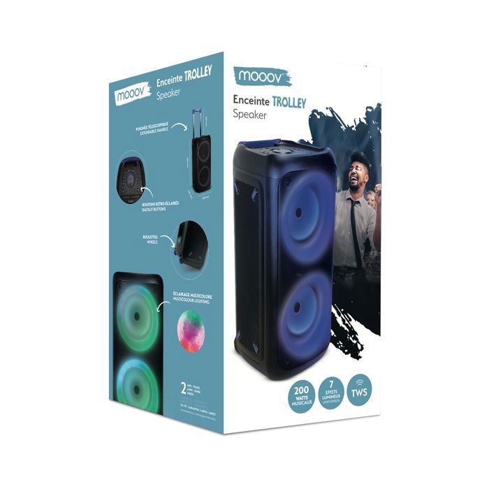 MOOOV 477371 Draagbare Bluetooth-luidspreker met lichteffecten 200W - Draadloos met batterij, 9 uur speeltijd