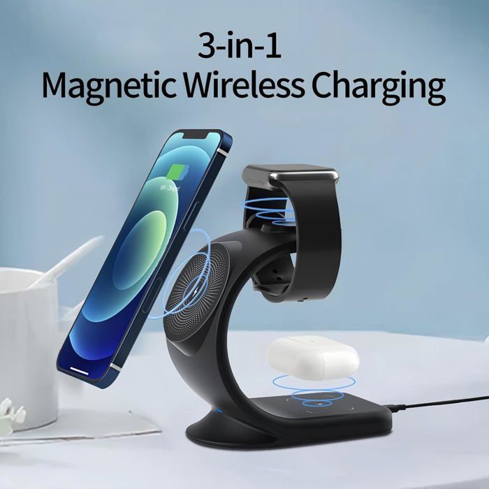 Estação de carregamento magnética compatível com iPhone, Apple Watch e AirPods - Estação de carregamento 3 em 1 - Carregamento sem fio rápido de 18 W - Black Label