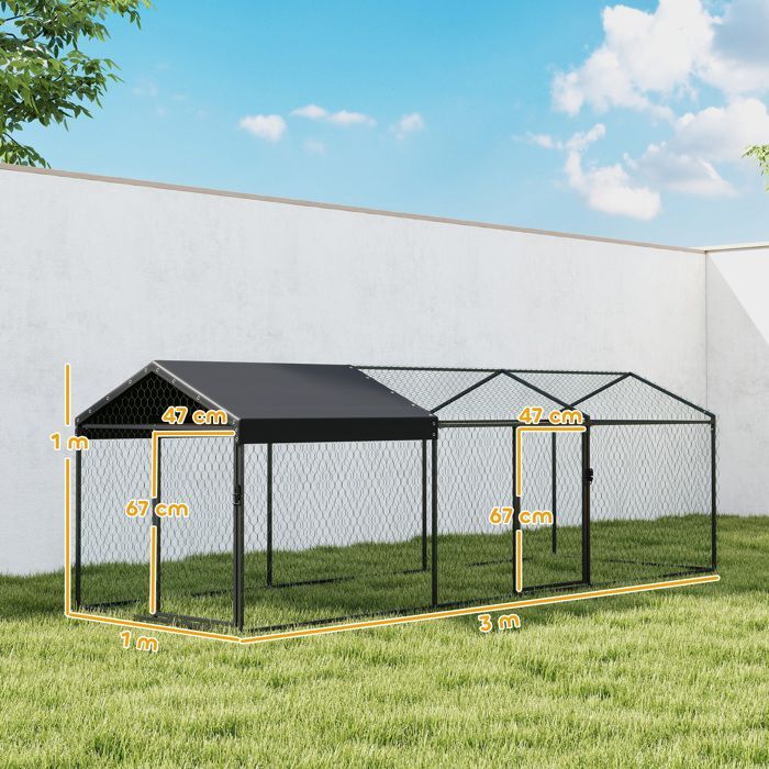Enclos poulailler extérieur - PawHut - couverture imperméable, 2 portes latérales, pour 3-5 poules - acier - 3x1x1m - noir