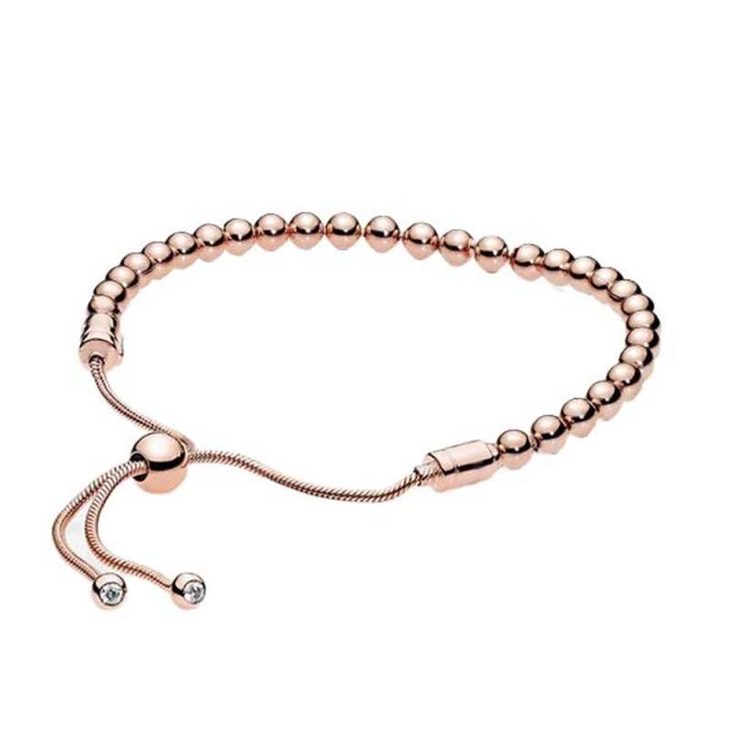 Sparkling 925 Sterling Silver Adjustable Slider Bracelet – Romantic Rose Gold-Plated Snake Chain with Beads – Original Gift Jewelry