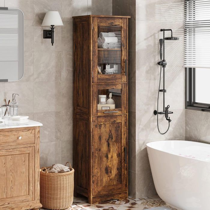 Meuble Salle de Bain, Colonne, Rangement avec Étagères Réglables, Placards à Porte, Tiroir, Compartiment, 40x30x170cm ,Marron