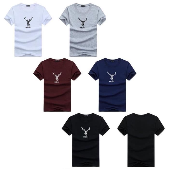 Paquete de 4 camisetas de manga corta para hombre, de cuello redondo, informales, estampadas y de corte recto, ideales para el verano: negro, azul, gris y burdeos.