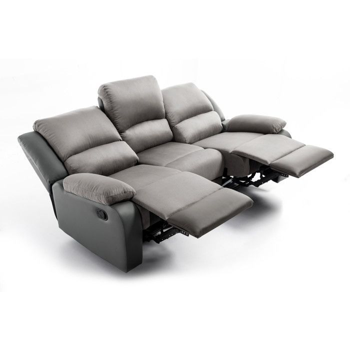 Sofá reclinable de 3 plazas LEO en microfibra y piel sintética - Gris - 193 x 93 x 96 cm - LOUNGITUDE