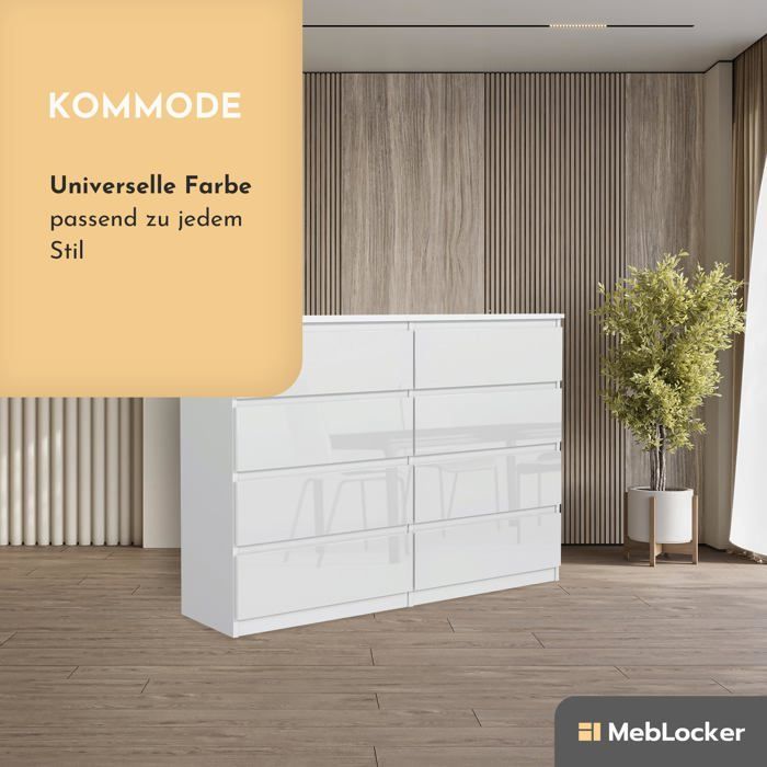 8-Drawer Chest of Drawers - Meblocker - White & Glossy 120 cm - Spacious Storage Unit - Living Room, Office, Bedroom & Children's Room