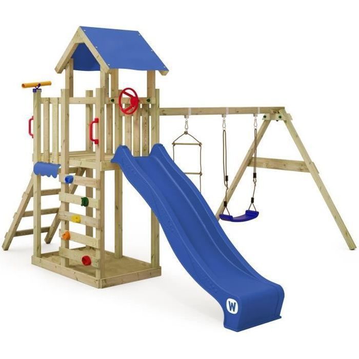 WICKEY MultiFlyer Torre gioco in legno leggera con altalena, scala di corda e scivolo, 220 cm, blu – 10 anni di garanzia*