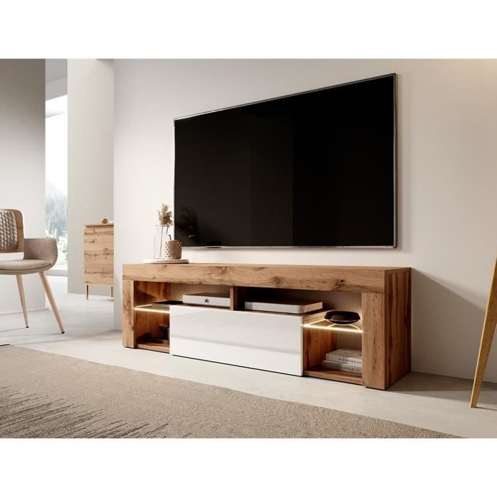 Mueble para TV Selsey - Bianko - 140 cm - Roble Lancaster - Blanco brillante - LED
