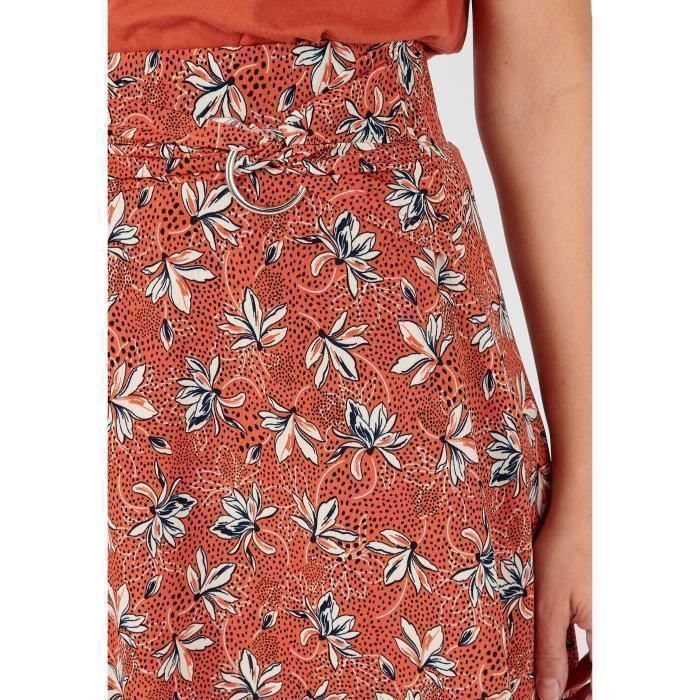 Damart - Rok met riem en gesp - Bloemenprint in oranje