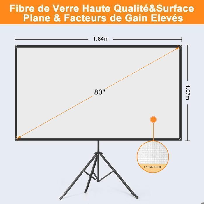 Schermo di proiezione VISULAPEX da 80 pollici 4K HD 16:9 con treppiede, per uso interno ed esterno, in fibra di vetro.
