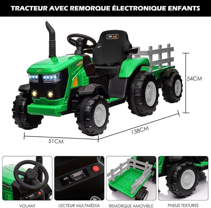 Tractor eléctrico de 12 V para niños con remolque desmontable y dos motores de 35 W - BALOVEBY - Verde - A partir de 18 meses - 30 kg