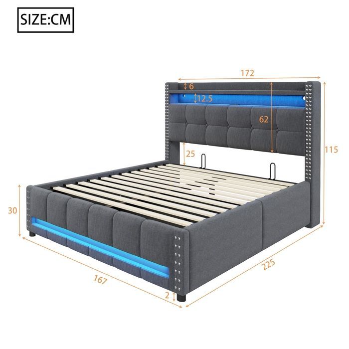 Cama tapizada, cama de adulto, cama doble de 160 x 200 cm con iluminación LED y puertos USB con almacenamiento hidráulico - gris