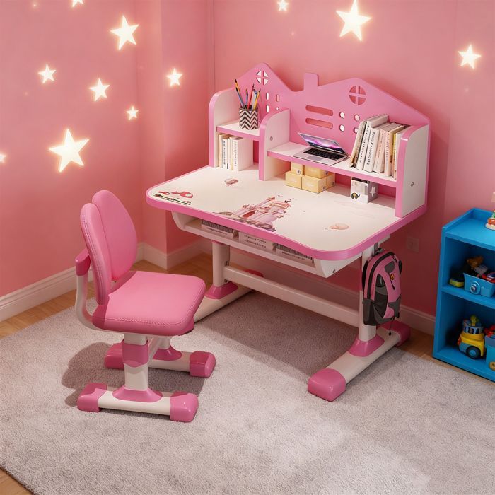 Conjunto de escritorio infantil ajustable - Tablero inclinable ensanchado - Cajón de almacenamiento y diseño de dibujos animados
