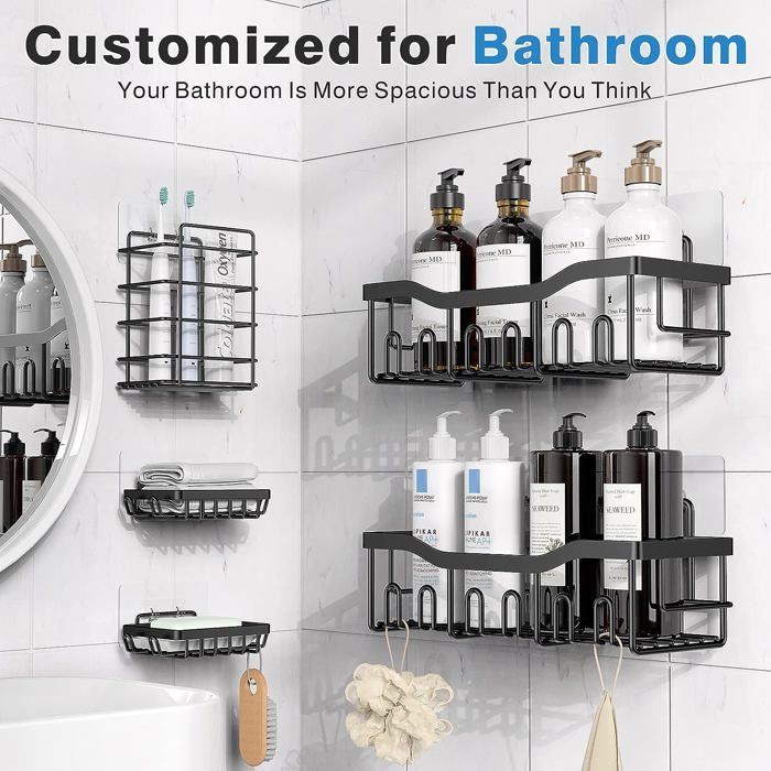 Estante para ducha sin taladrar, juego de 5 piezas para baño con jabonera, ganchos y soporte autoadhesivo para ducha, color negro.
