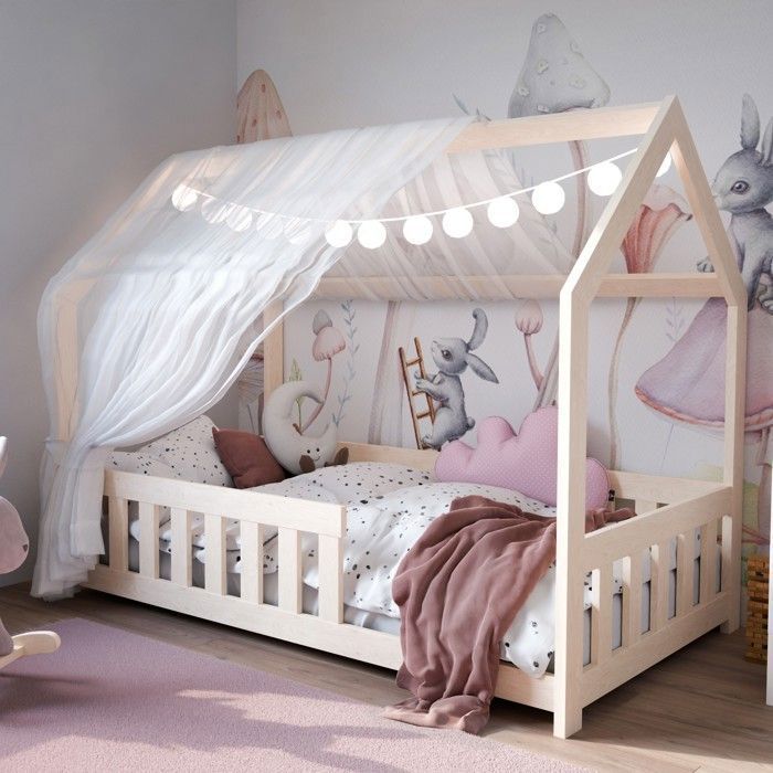 DUBI - Cama infantil tipo cabaña de 80 x 160 cm, color natural, con somier de láminas, barandillas de seguridad y colchón.