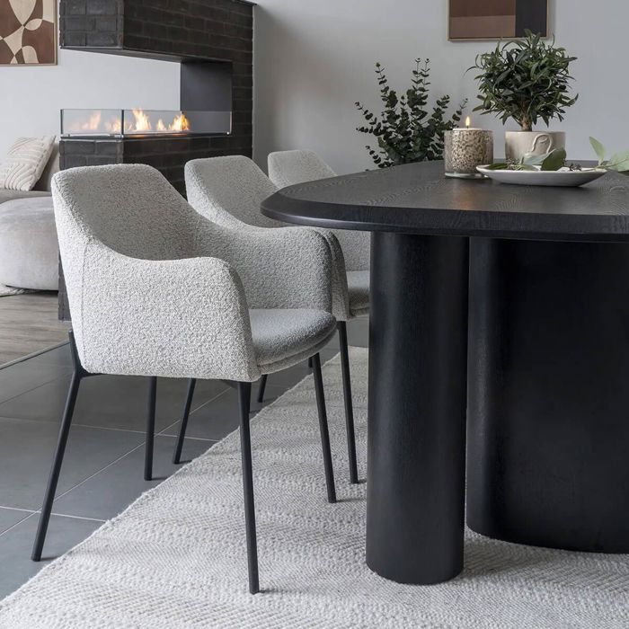 LOANA - Juego de 4 sillas de comedor en tela bouclé jaspeada blanca con patas de metal negro
