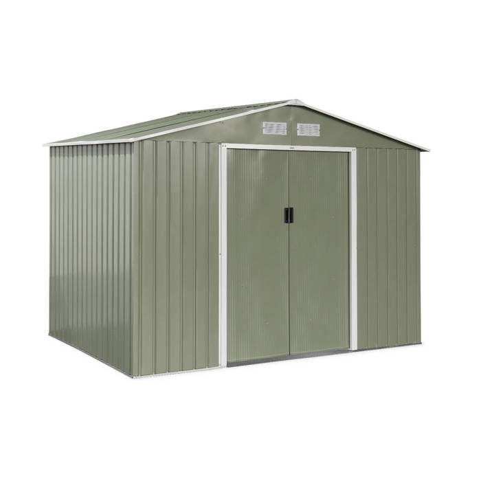 Abri de jardin en métal - FERRAIN 5.29m² vert et blanc - Cabane à outils avec deux grandes portes coulissantes. kit de fixation