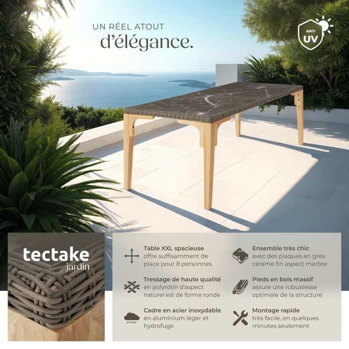 Tavolo da giardino - TECTAKE - FOGGIA tavolo da pranzo in rattan con piano in gres removibile, struttura in alluminio, 196x87x76cm - Marrone naturale