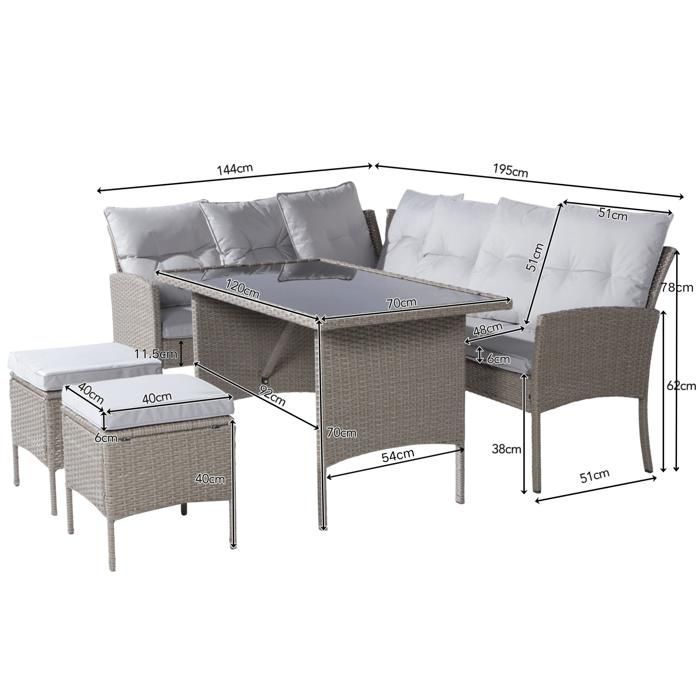 Set di mobili da giardino in rattan sintetico PE a 7 posti - 2 divani, 2 sgabelli e 1 tavolino - struttura in acciaio - grigio chiaro