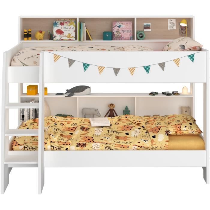 PARISOT Letti a castello per bambini 2 x 90x200 cm - Finitura rovere e bianco ombra - Reti a doghe incluse - JIM