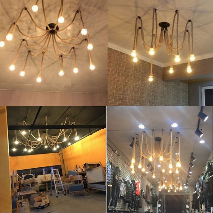 WOTTES Rétro Lustre Suspension Araignee Corde de Chanvre avec 3 Bras E27 Douille,  Industriel Lampe DIY 2.0m Fil Longueur Ajustable