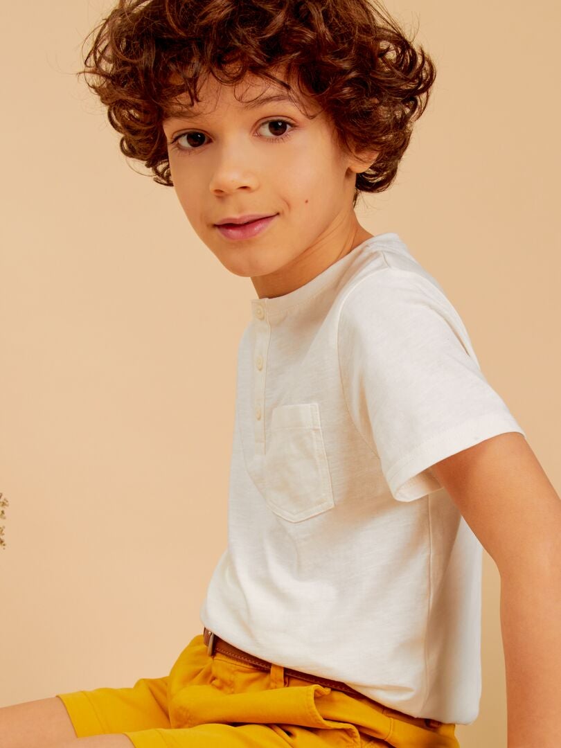 Jersey T-shirt met knoopsluiting in de nek - WIT