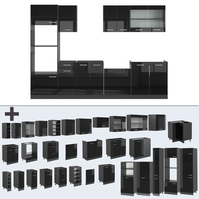 Cuisine R-Line 300cm avec armoire haute, sans PT Noir Haute brillance Anthracite Vicco 40962