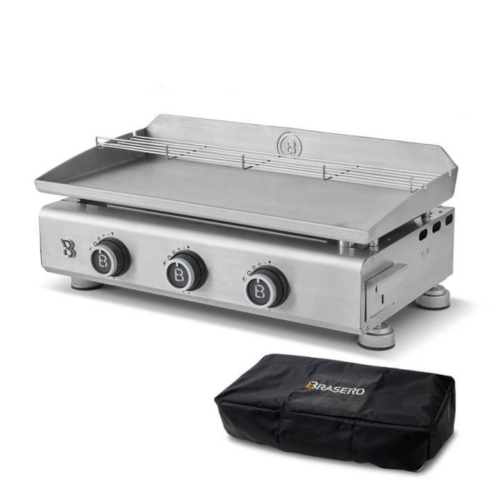 Plancha de gas de acero inoxidable Silvia IIG Evo de 3 quemadores – BRASERO BY FAVEX - 7,95 kW – Placa de acero inoxidable de 67 x 34 cm – Tapa incluida
