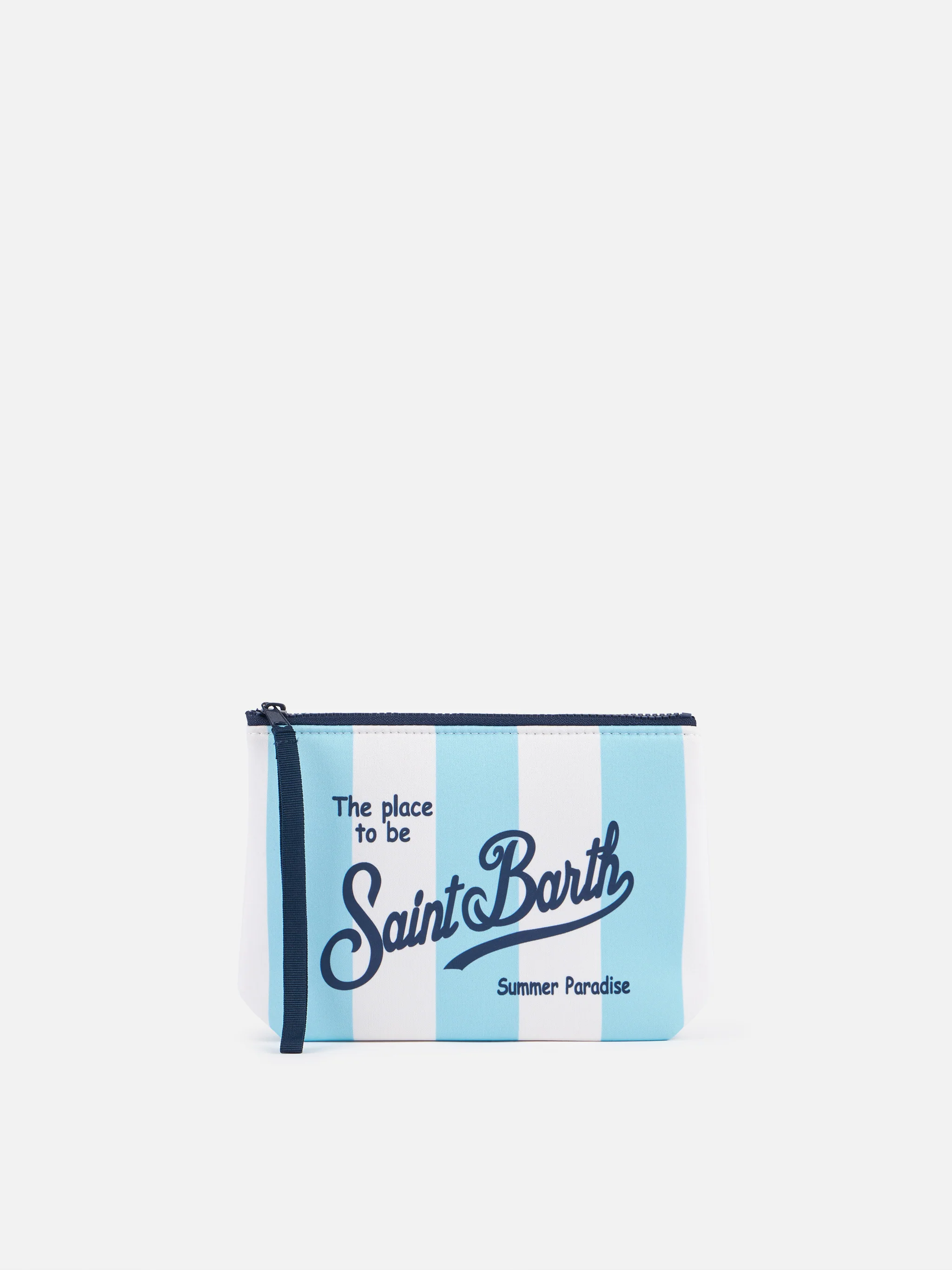 Aline Scuba Zipped Pochette - Light Blue Striped Print with Saint Barth Logo & Pull Tab | MC2 Saint Barth