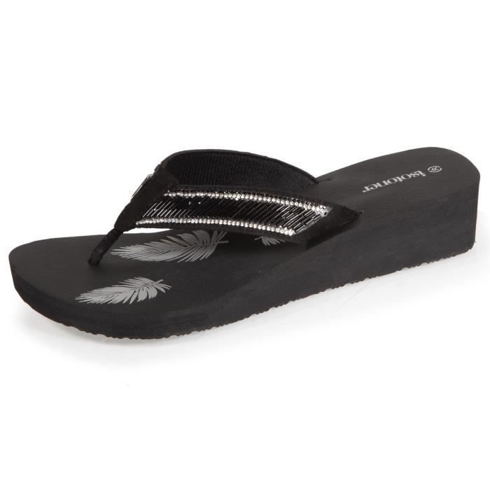 Chanclas Isotoner negras para mujer con tacón de 4 cm