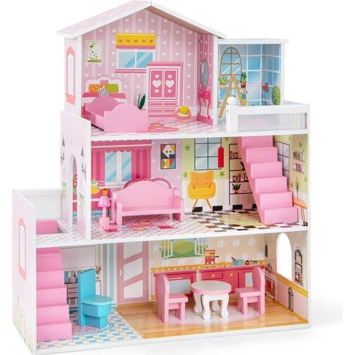 COSTWAY Wooden Dollhouse with 11 Accessories, 3 Floors, 60 x 25 x 70 cm, Gifts for Children Ages 3+, Pink