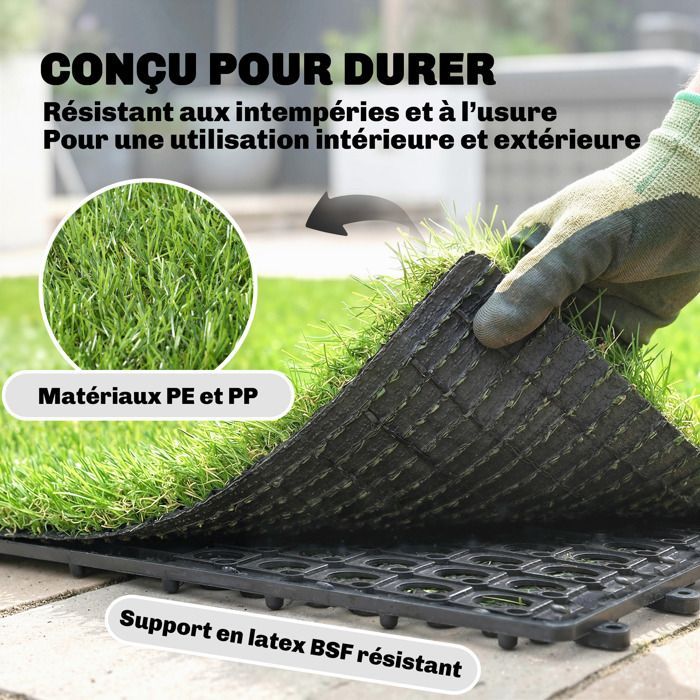 Gazon synthétique - pelouse artificielle - Outsunny - 22 pièces dalle gazon clipsable DIY auto-drainant pour balcon jardin - vert