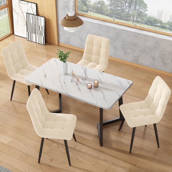 Conjunto de mesa de jantar de 117×68 cm com 4 cadeiras - Conjunto moderno de mesa e cadeiras para cozinha/sala de estar - Cadeiras em veludo bege