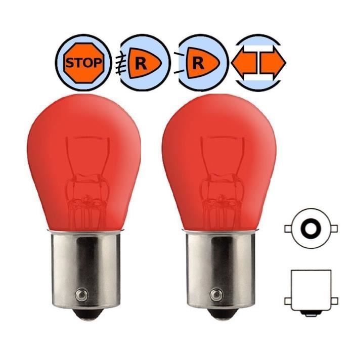 2 bombillas rojas BA15S de 12 V y 21 W para luz de freno trasera de coche, motocicleta, ciclomotor, scooter.