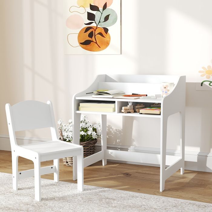 Conjunto de escritorio y silla infantil - AIYAPLAY - De 3 a 8 años - Compartimentos abiertos y estantes - Blanco