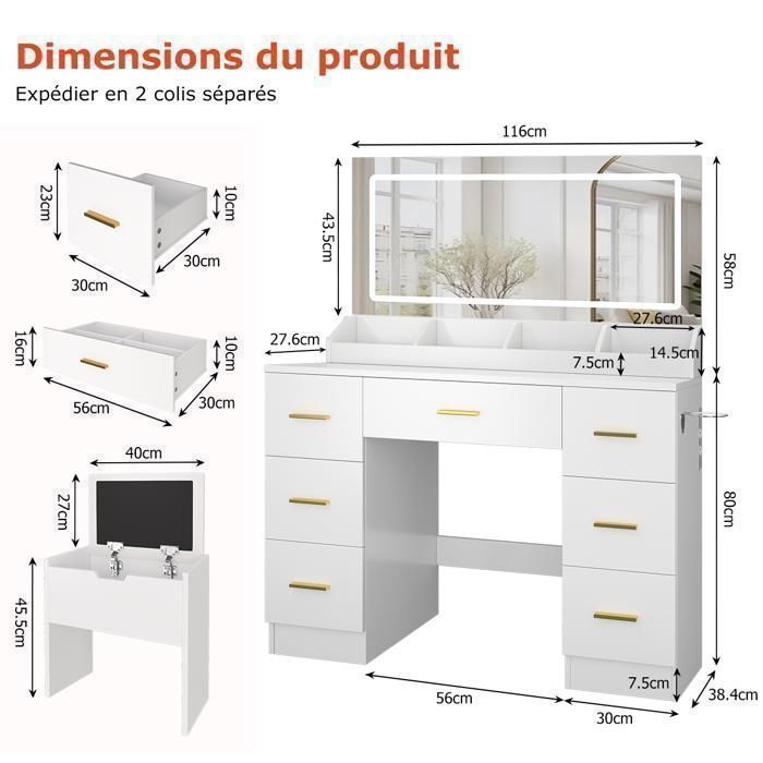Large Dressing Table with LED Mirror and Stool - NHHF - 116X38X138 CM - 3-Color LED Lighting - with Power Outlets and 7 Drawers
