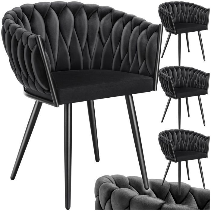 Chairs - TECTAKE - Set of 4 ASTANO dining chairs in knotted designer velvet with slim steel legs - Black