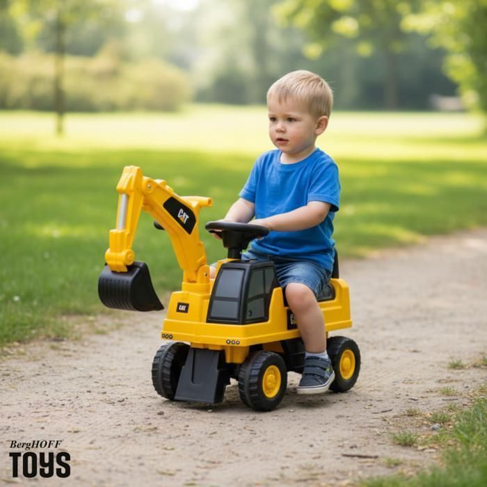 Escavatore CAT giocattolo cavalcabile per bambini - Giallo - Età da 1 a 3 anni - Prodotto con licenza ufficiale - Braccio escavatore funzionante - 25 kg