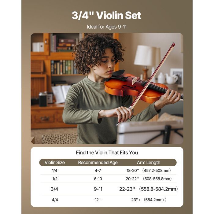 Violín de tamaño 3/4 - VEVOR - Kit para principiantes - con estuche, resina, arco, soporte para el hombro, puente, afinador y cuerdas de repuesto - Marrón