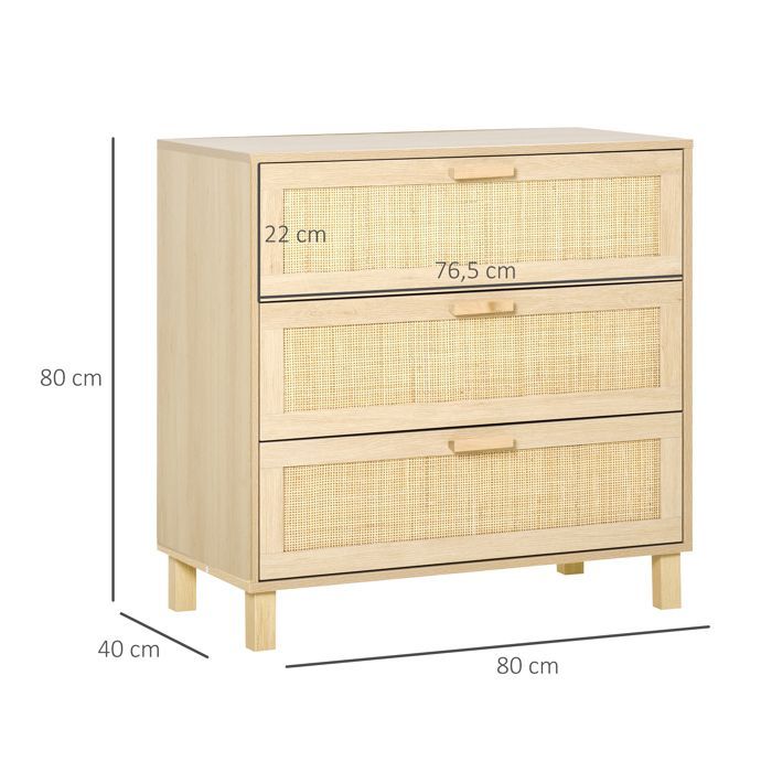 Cómoda - HOMCOM - 4 cajones, caña de ratán, mueble de almacenamiento para dormitorio - MDF - 80x40x80cm - madera clara