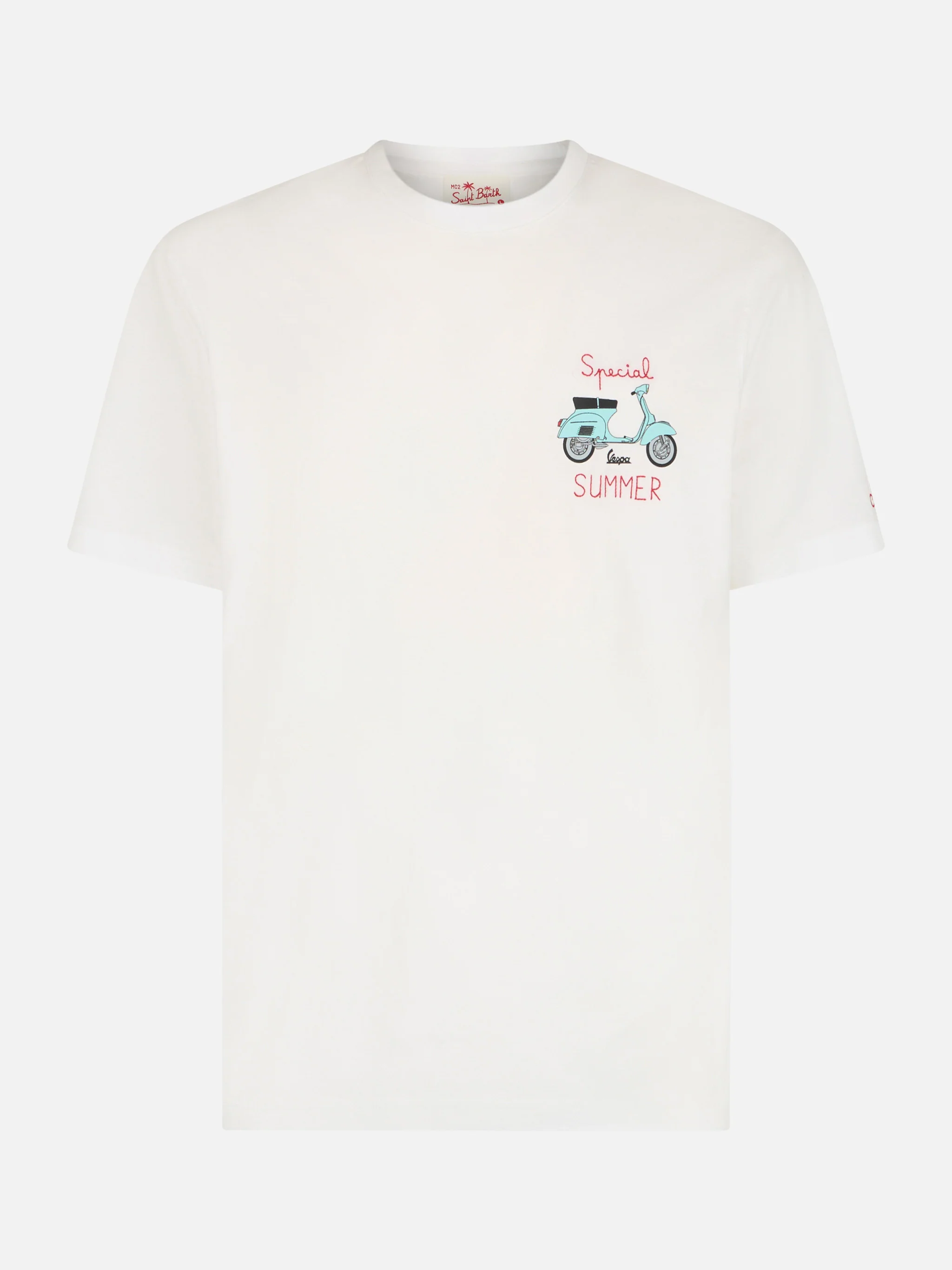 MC2 Saint Barth Heren T-shirt | Witte Vespa-print | Speciaal zomerborduurwerk | 100% katoen, klassieke pasvorm | MC2 Saint Barth | VESPA SPECIAL EDITION