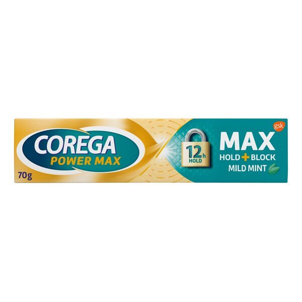 „Corega Power Max Hold + Block“ švelnus mėtinis fiksuojamasis kremas, 70 g.