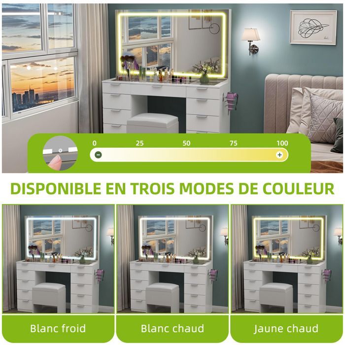 BALCONERA Coiffeuse avec Miroirs- avec éclairage LED-11 Tiroirs-3 Couleur réglable-Blanc-114L×40P×139 H